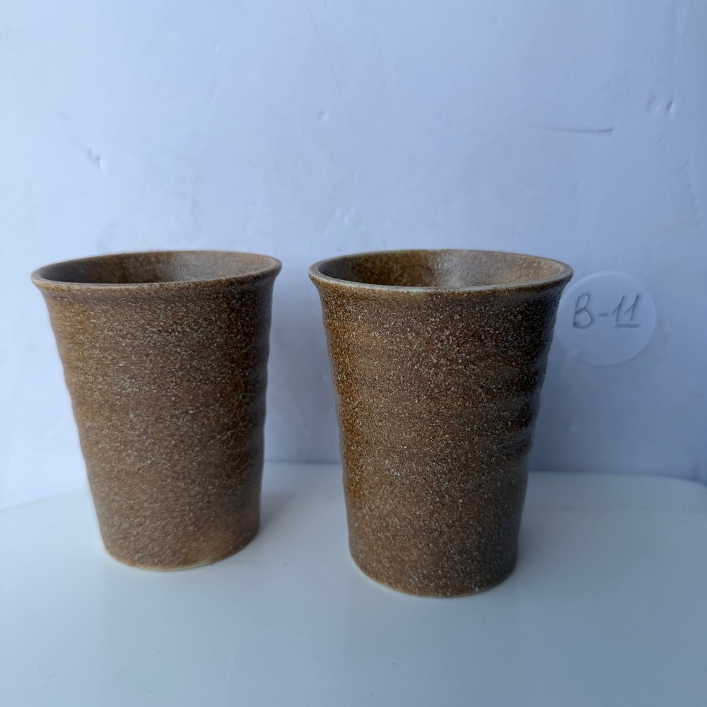 Set of 2 Artisan Stoneware Tumblers Rustic Brown Textured Cups B-11
